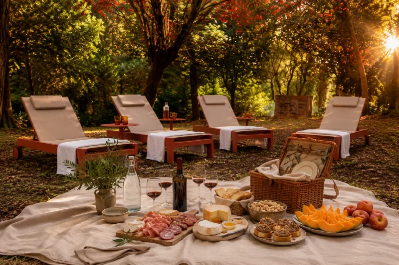 Brick facade with large garden opening and wrought-iron bench, rustic Tuscan charm in the landscape around Asciano - Villa San Barolomeo, BZAR hotels in Tuscany